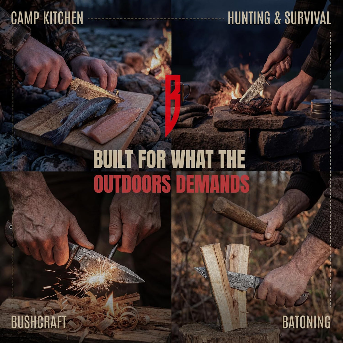 BIGCAT ROAR Predator Hunter - Patented Handmade Damascus Steel Fixed Blade Hunting Knife 10" - Walnut Wood Handle & Leather Sheath - Bushcraft Outdoor Skinning & Survival Knife - Collector Men Gifts