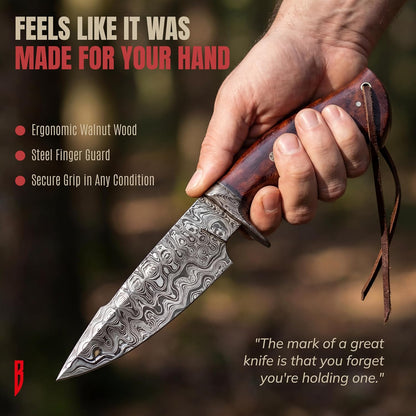 BIGCAT ROAR Predator Hunter - Patented Handmade Damascus Steel Fixed Blade Hunting Knife 10" - Walnut Wood Handle & Leather Sheath - Bushcraft Outdoor Skinning & Survival Knife - Collector Men Gifts