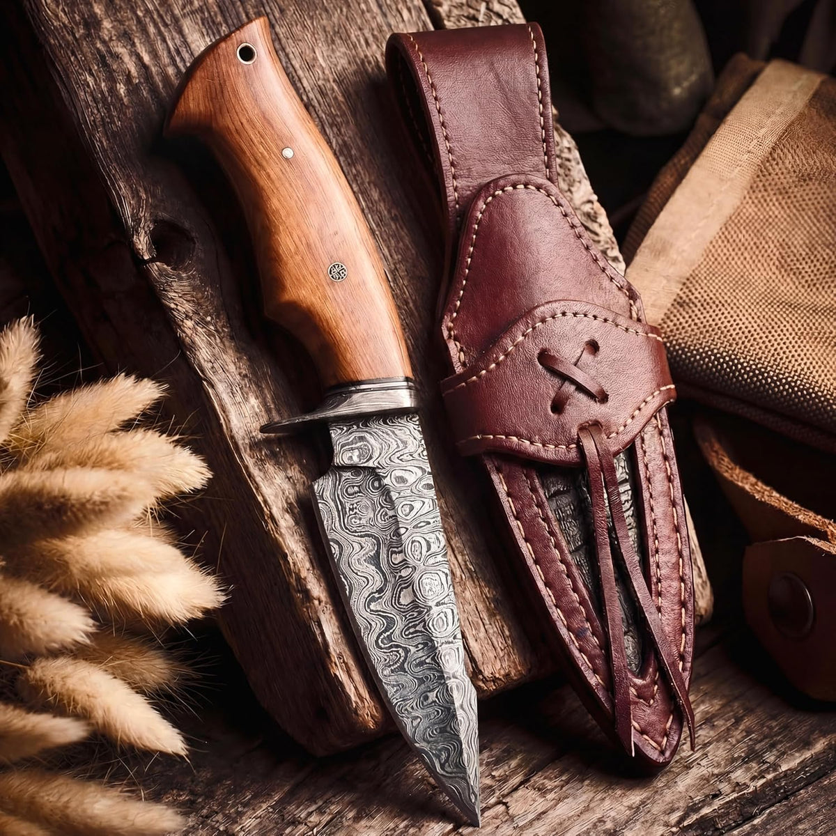 BIGCAT ROAR Predator Hunter - Patented Handmade Damascus Steel Fixed Blade Hunting Knife 10" - Walnut Wood Handle & Leather Sheath - Bushcraft Outdoor Skinning & Survival Knife - Collector Men Gifts