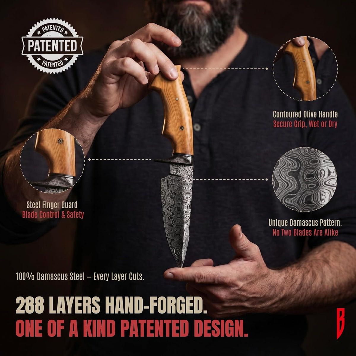 BIGCAT ROAR Predator Hunter - Patented Handmade Damascus Steel Fixed Blade Hunting Knife 10" - Walnut Wood Handle & Leather Sheath - Bushcraft Outdoor Skinning & Survival Knife - Collector Men Gifts