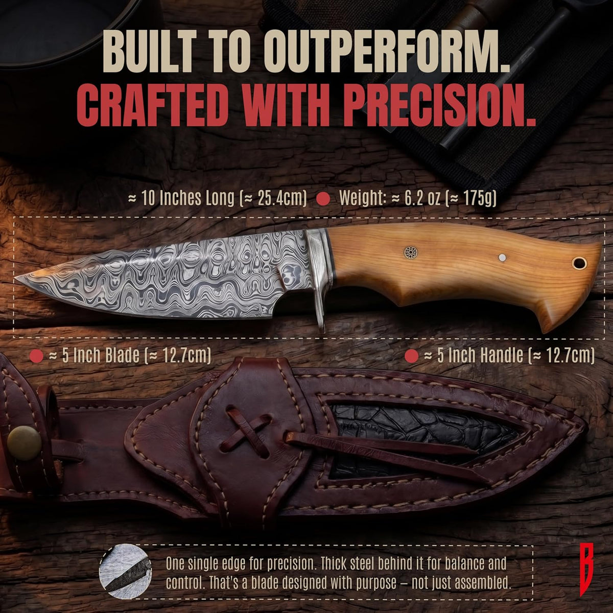 BIGCAT ROAR Predator Hunter - Patented Handmade Damascus Steel Fixed Blade Hunting Knife 10" - Walnut Wood Handle & Leather Sheath - Bushcraft Outdoor Skinning & Survival Knife - Collector Men Gifts