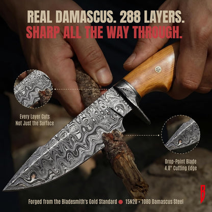 BIGCAT ROAR Predator Hunter - Patented Handmade Damascus Steel Fixed Blade Hunting Knife 10" - Walnut Wood Handle & Leather Sheath - Bushcraft Outdoor Skinning & Survival Knife - Collector Men Gifts