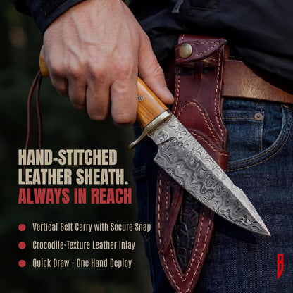 BIGCAT ROAR Predator Hunter - Patented Handmade Damascus Steel Fixed Blade Hunting Knife 10" - Walnut Wood Handle & Leather Sheath - Bushcraft Outdoor Skinning & Survival Knife - Collector Men Gifts