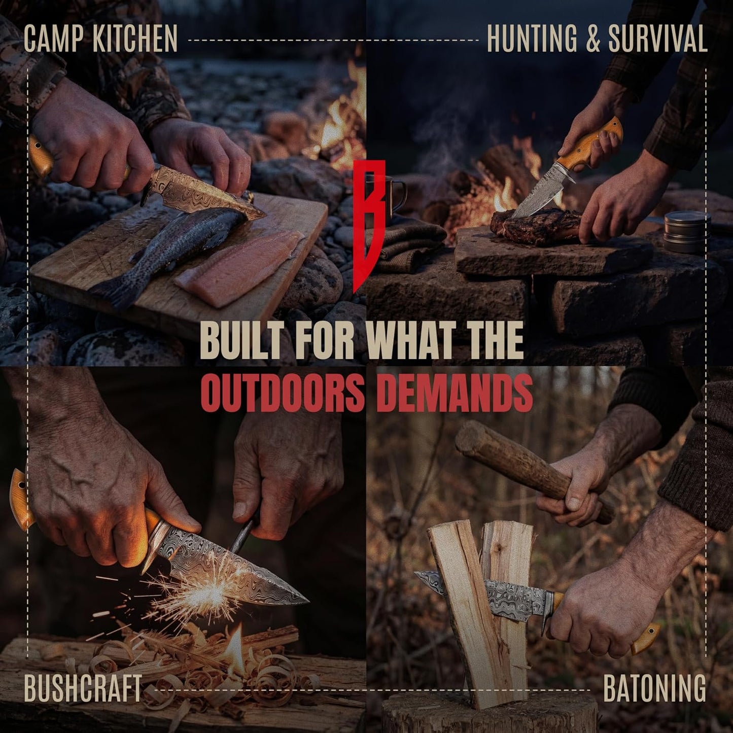 BIGCAT ROAR Predator Hunter - Patented Handmade Damascus Steel Fixed Blade Hunting Knife 10" - Walnut Wood Handle & Leather Sheath - Bushcraft Outdoor Skinning & Survival Knife - Collector Men Gifts