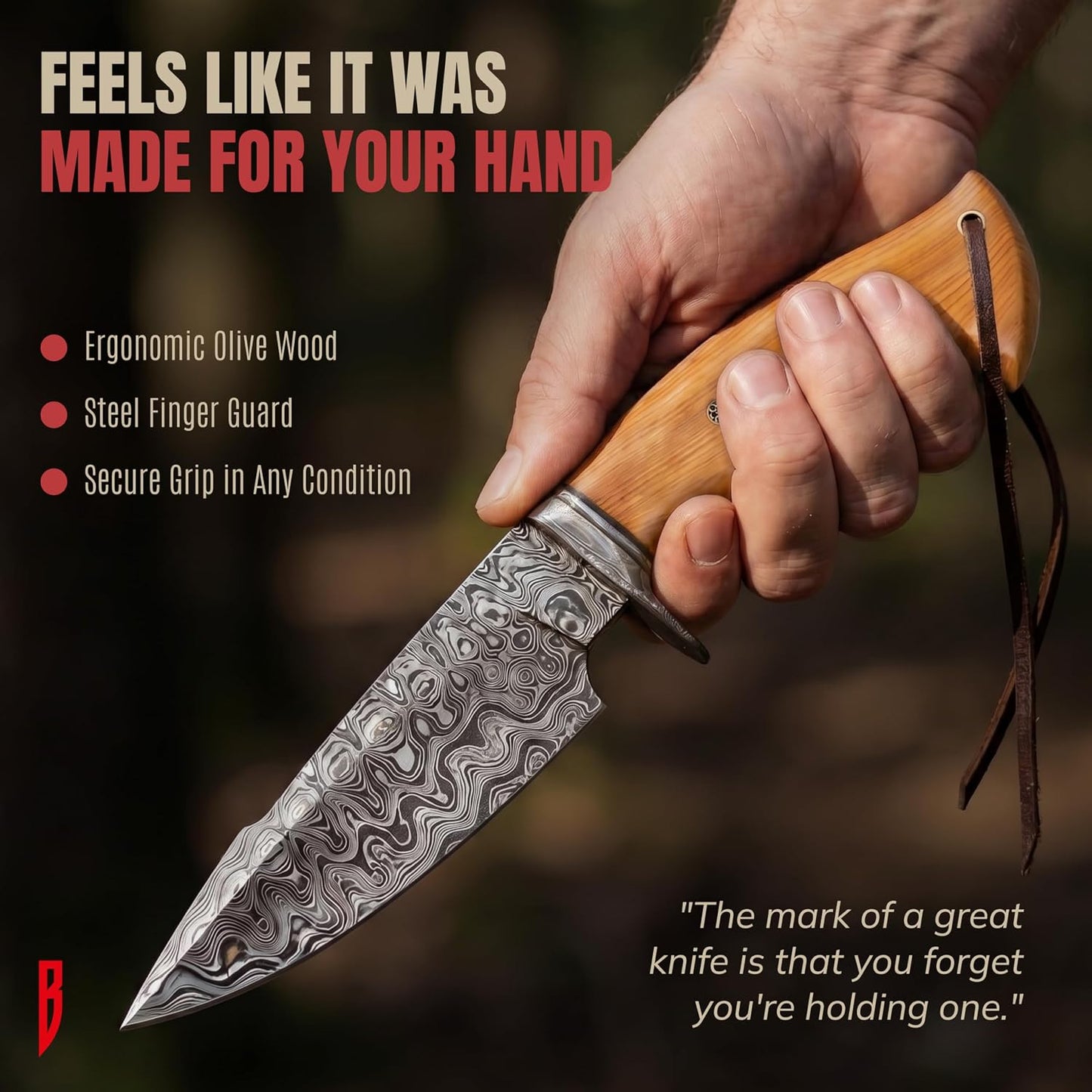 BIGCAT ROAR Predator Hunter - Patented Handmade Damascus Steel Fixed Blade Hunting Knife 10" - Walnut Wood Handle & Leather Sheath - Bushcraft Outdoor Skinning & Survival Knife - Collector Men Gifts