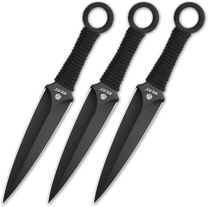 REAT Throwing Knives - 3 Piece, 6.5" 440 Stainless Steel with Cord-Wrapped Handle, Includes Nylon Carrying Case for Safe Storage,Ninja Kunai Knives for Competition,Recreation,Gifts for Men,Women