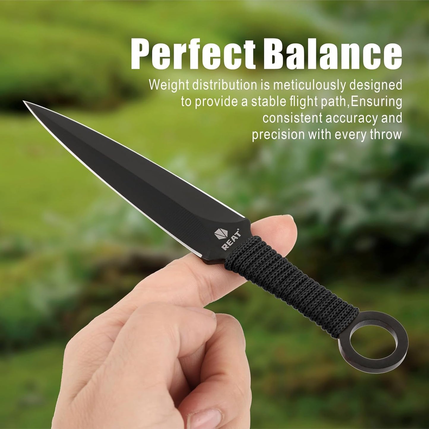 REAT Throwing Knives - 3 Piece, 6.5" 440 Stainless Steel with Cord-Wrapped Handle, Includes Nylon Carrying Case for Safe Storage,Ninja Kunai Knives for Competition,Recreation,Gifts for Men,Women