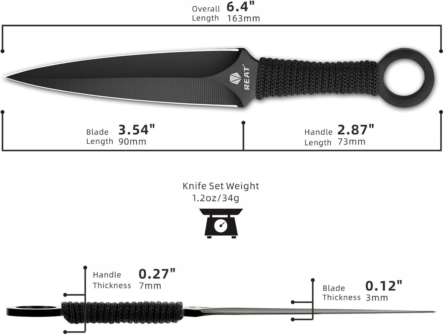 REAT Throwing Knives - 3 Piece, 6.5" 440 Stainless Steel with Cord-Wrapped Handle, Includes Nylon Carrying Case for Safe Storage,Ninja Kunai Knives for Competition,Recreation,Gifts for Men,Women