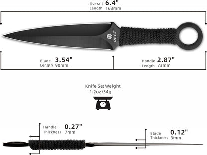 REAT Throwing Knives - 3 Piece, 6.5" 440 Stainless Steel with Cord-Wrapped Handle, Includes Nylon Carrying Case for Safe Storage,Ninja Kunai Knives for Competition,Recreation,Gifts for Men,Women