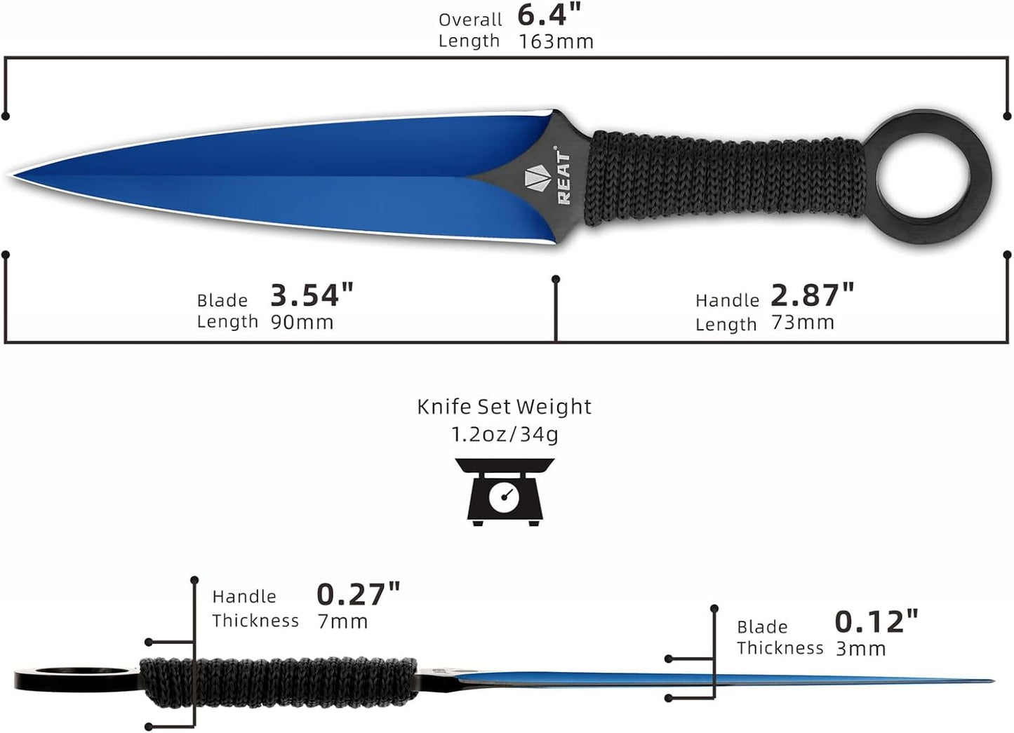 REAT Throwing Knives - 3 Piece, 6.5" 440 Stainless Steel with Cord-Wrapped Handle, Includes Nylon Carrying Case for Safe Storage,Ninja Kunai Knives for Competition,Recreation,Gifts for Men,Women