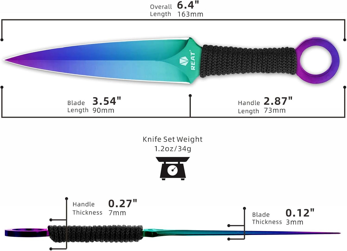 REAT Throwing Knives - 3 Piece, 6.5" 440 Stainless Steel with Cord-Wrapped Handle, Includes Nylon Carrying Case for Safe Storage,Ninja Kunai Knives for Competition,Recreation,Gifts for Men,Women
