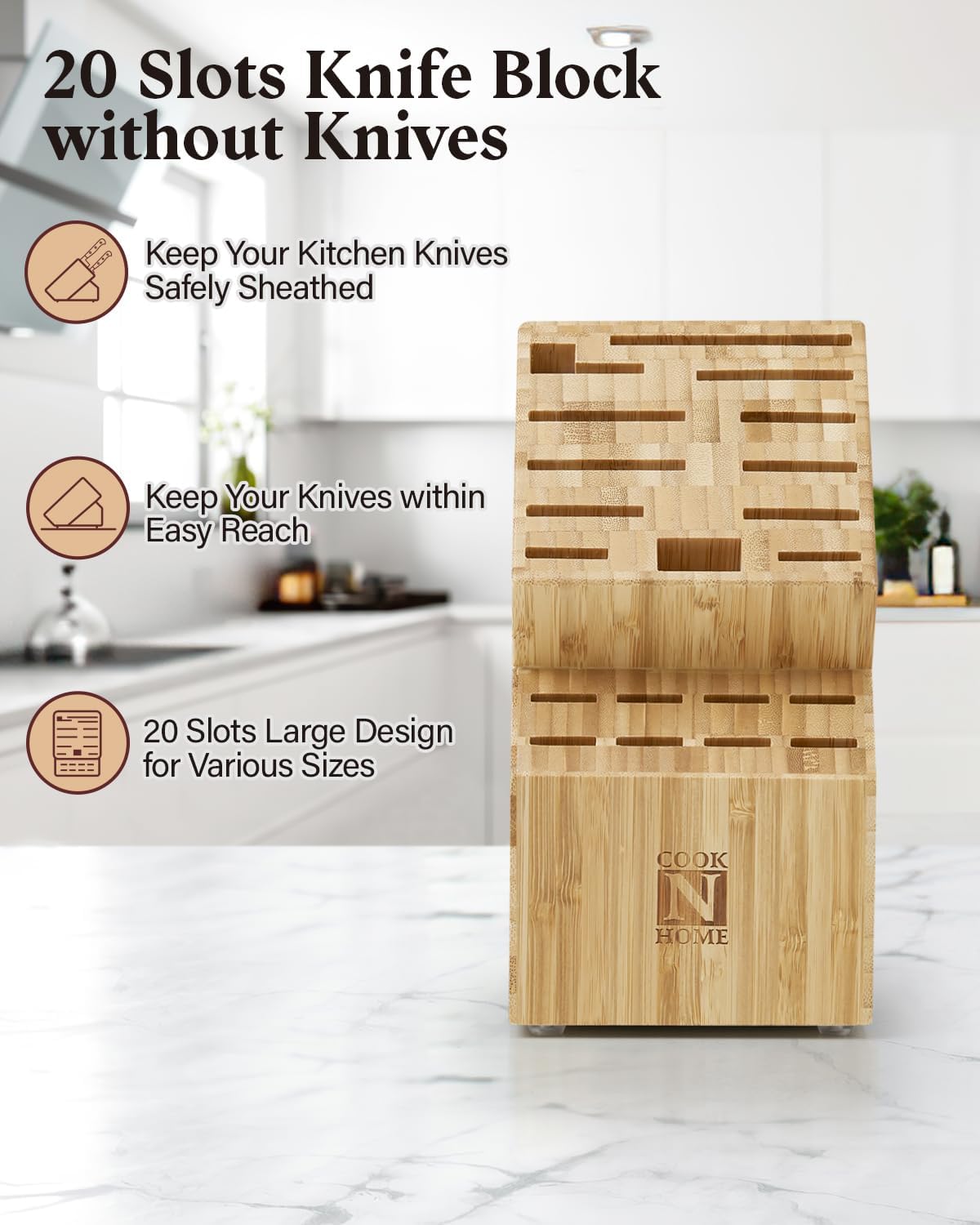 Acacia Wood 20-Slot Universal Knife Block without Knives