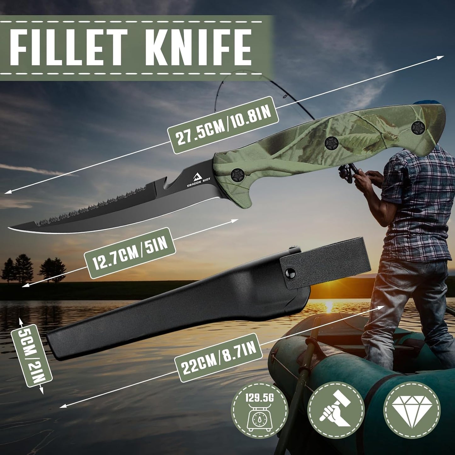 5 inch Bait Knive, Black Stainless Fillet Fishing Knife with Large Non-Slip Handles - Essential Tool for Anglers