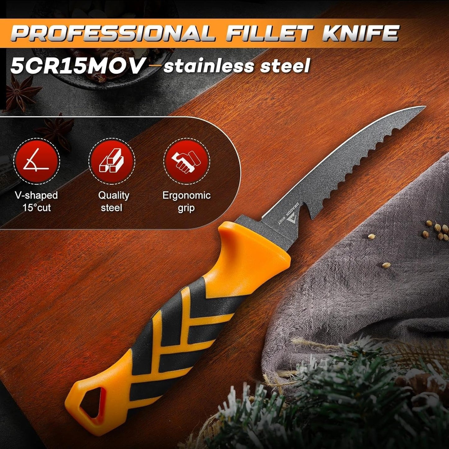 5 inch Bait Knive, Black Stainless Fillet Fishing Knife with Large Non-Slip Handles - Essential Tool for Anglers