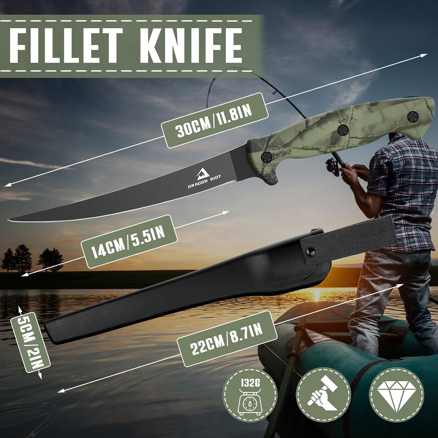 5 inch Bait Knive, Black Stainless Fillet Fishing Knife with Large Non-Slip Handles - Essential Tool for Anglers