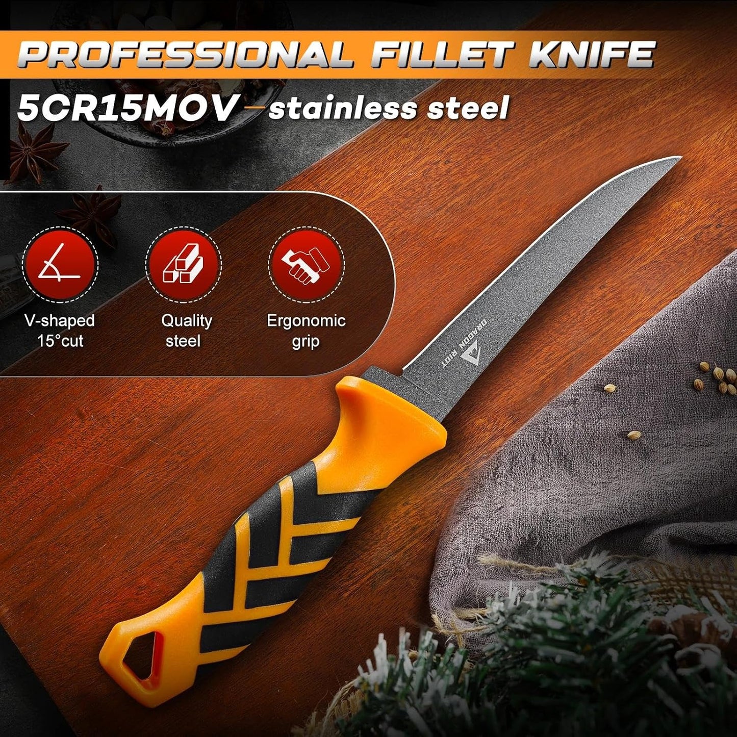 5 inch Bait Knive, Black Stainless Fillet Fishing Knife with Large Non-Slip Handles - Essential Tool for Anglers