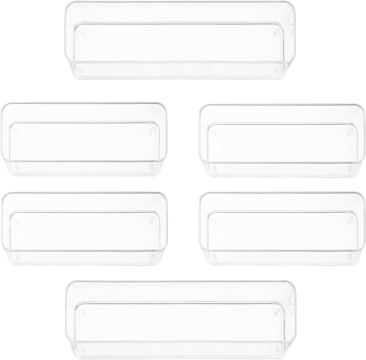 Six Pcs. Plastic Clear Drawer Organizers. Stackable Storage Trays for Kitchen Utensils and Silverware. 2 Sizes. Stackable