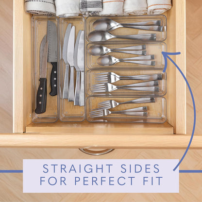 Six Pcs. Plastic Clear Drawer Organizers. Stackable Storage Trays for Kitchen Utensils and Silverware. 2 Sizes. Stackable