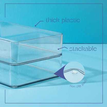 Six Pcs. Plastic Clear Drawer Organizers. Stackable Storage Trays for Kitchen Utensils and Silverware. 2 Sizes. Stackable