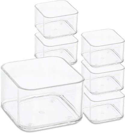 Six Pcs. Plastic Clear Drawer Organizers. Stackable Storage Trays for Kitchen Utensils and Silverware. 2 Sizes. Stackable