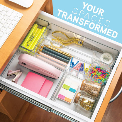 Six Pcs. Plastic Clear Drawer Organizers. Stackable Storage Trays for Kitchen Utensils and Silverware. 2 Sizes. Stackable