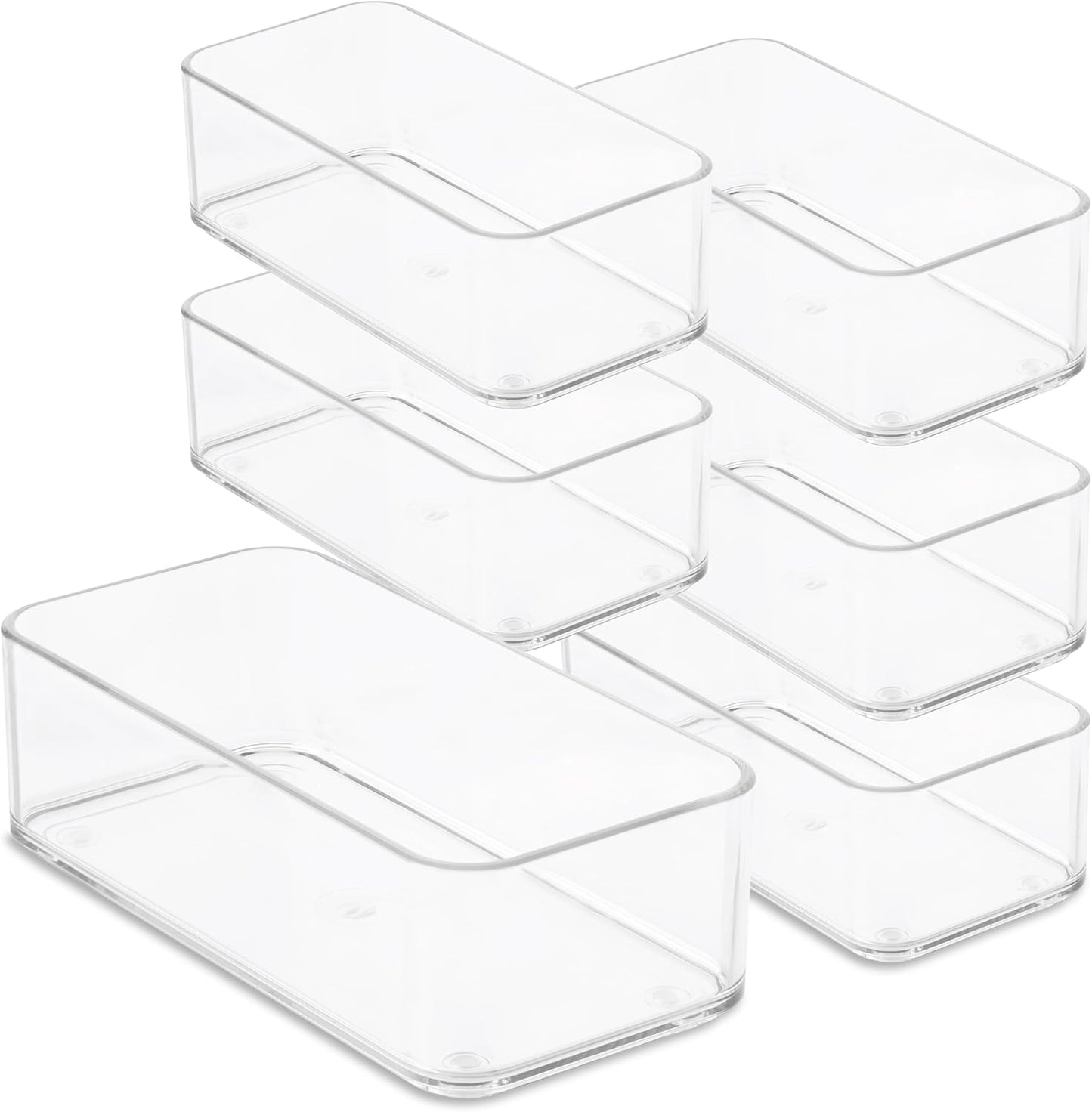 Six Pcs. Plastic Clear Drawer Organizers. Stackable Storage Trays for Kitchen Utensils and Silverware. 2 Sizes. Stackable
