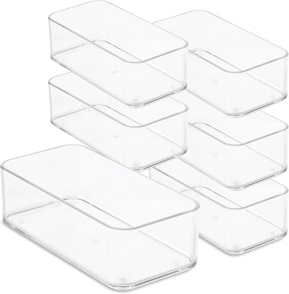 Six Pcs. Plastic Clear Drawer Organizers. Stackable Storage Trays for Kitchen Utensils and Silverware. 2 Sizes. Stackable