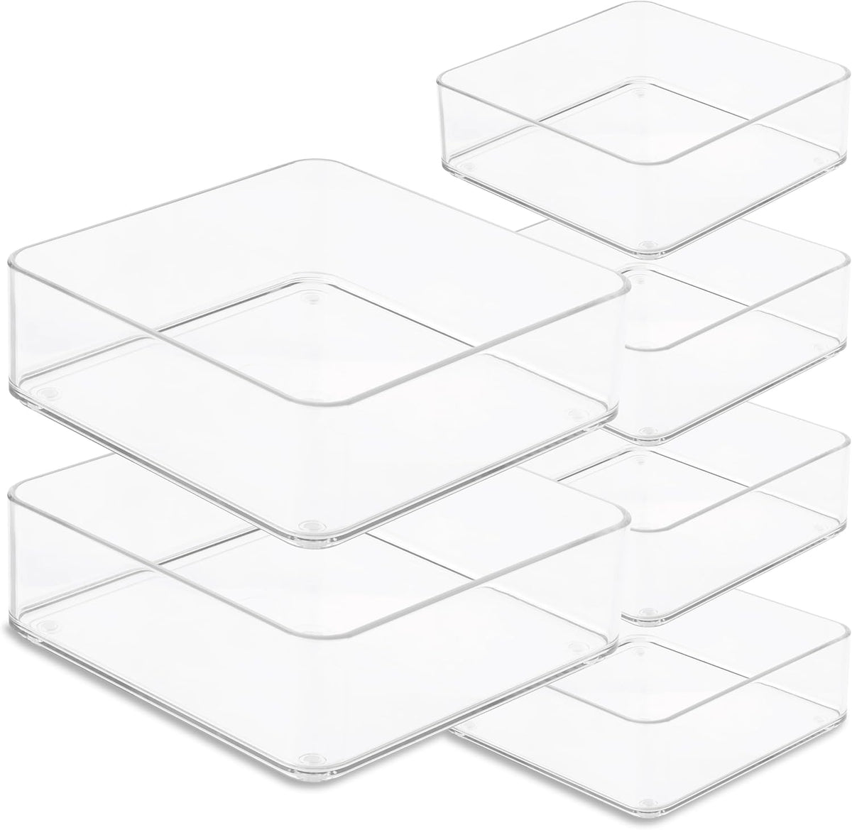 Six Pcs. Plastic Clear Drawer Organizers. Stackable Storage Trays for Kitchen Utensils and Silverware. 2 Sizes. Stackable