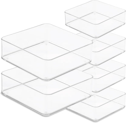 Six Pcs. Plastic Clear Drawer Organizers. Stackable Storage Trays for Kitchen Utensils and Silverware. 2 Sizes. Stackable