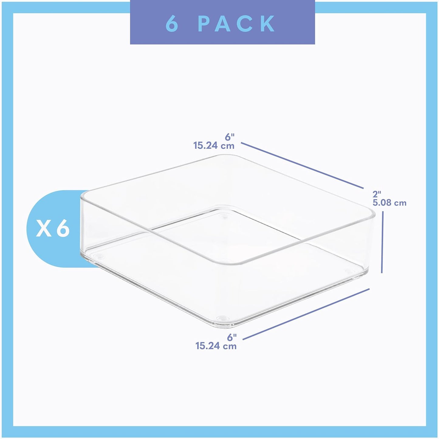 Six Pcs. Plastic Clear Drawer Organizers. Stackable Storage Trays for Kitchen Utensils and Silverware. 2 Sizes. Stackable