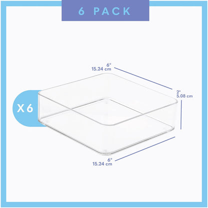 Six Pcs. Plastic Clear Drawer Organizers. Stackable Storage Trays for Kitchen Utensils and Silverware. 2 Sizes. Stackable