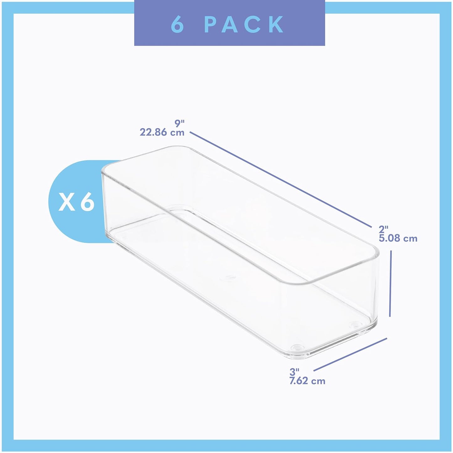 Six Pcs. Plastic Clear Drawer Organizers. Stackable Storage Trays for Kitchen Utensils and Silverware. 2 Sizes. Stackable