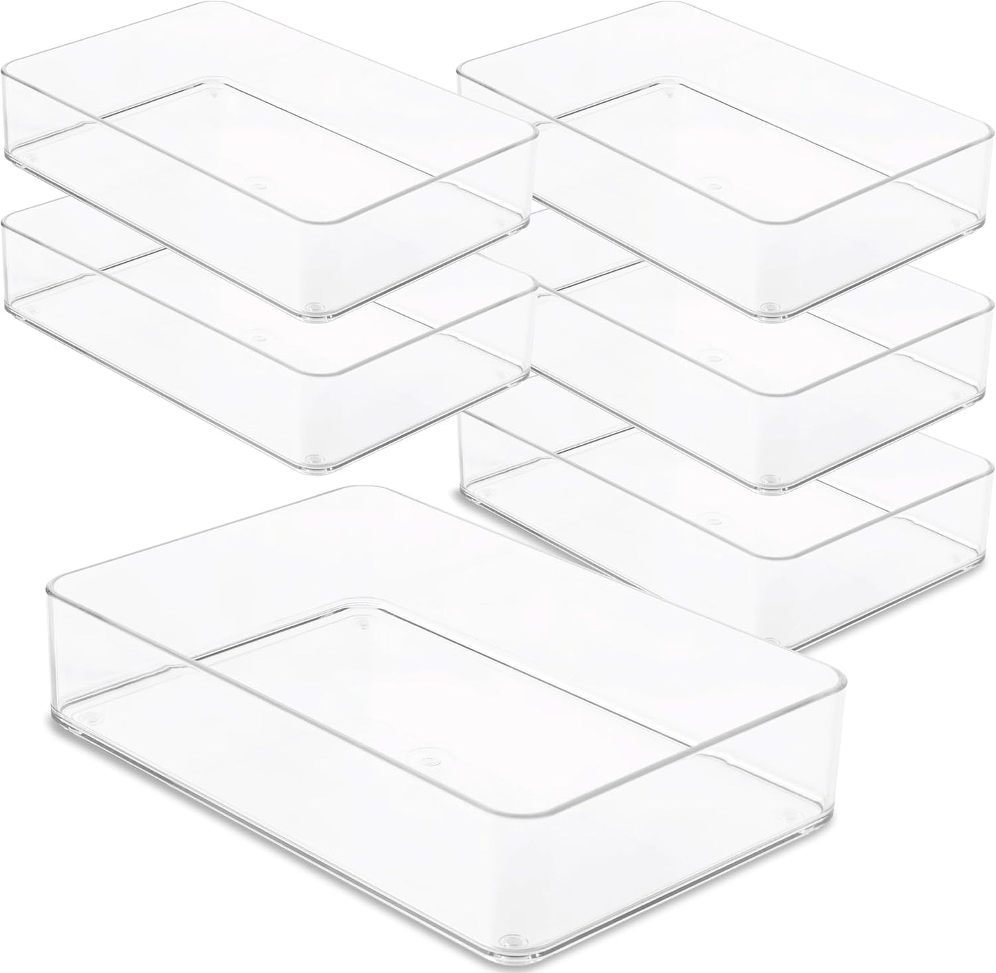 Six Pcs. Plastic Clear Drawer Organizers. Stackable Storage Trays for Kitchen Utensils and Silverware. 2 Sizes. Stackable
