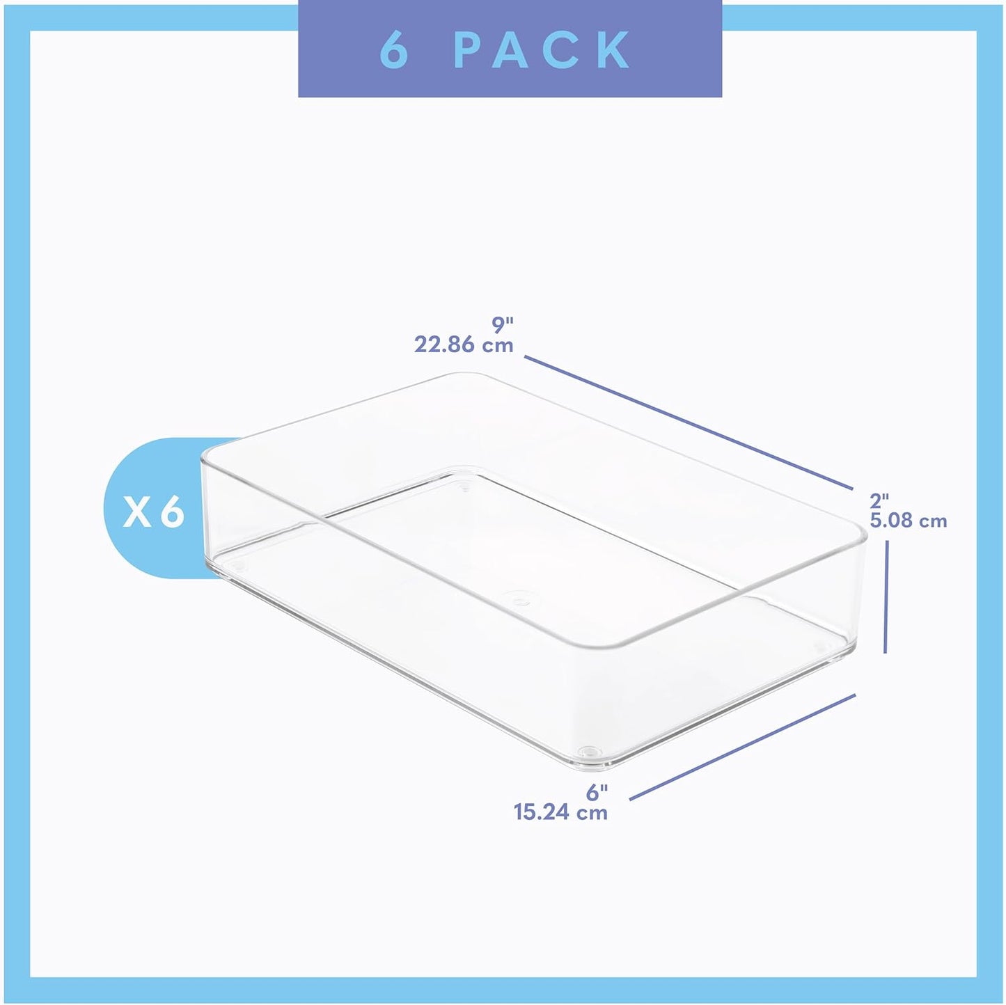 Six Pcs. Plastic Clear Drawer Organizers. Stackable Storage Trays for Kitchen Utensils and Silverware. 2 Sizes. Stackable