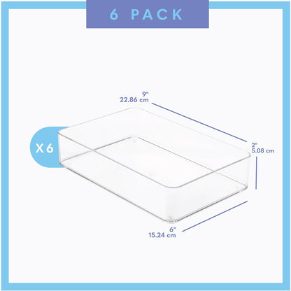 Six Pcs. Plastic Clear Drawer Organizers. Stackable Storage Trays for Kitchen Utensils and Silverware. 2 Sizes. Stackable