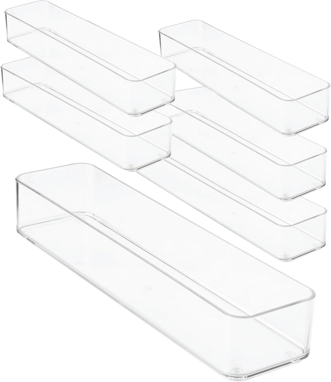 Six Pcs. Plastic Clear Drawer Organizers. Stackable Storage Trays for Kitchen Utensils and Silverware. 2 Sizes. Stackable
