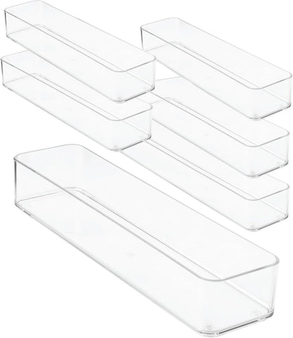 Six Pcs. Plastic Clear Drawer Organizers. Stackable Storage Trays for Kitchen Utensils and Silverware. 2 Sizes. Stackable