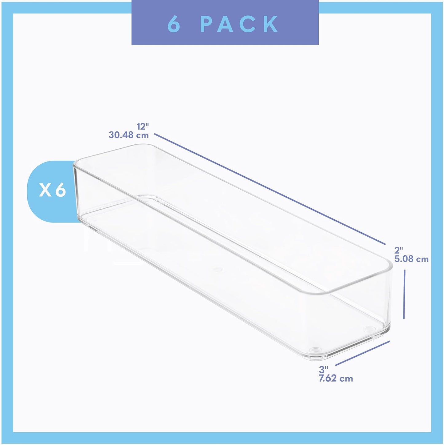 Six Pcs. Plastic Clear Drawer Organizers. Stackable Storage Trays for Kitchen Utensils and Silverware. 2 Sizes. Stackable