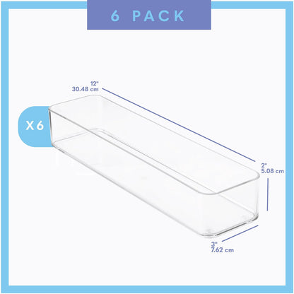Six Pcs. Plastic Clear Drawer Organizers. Stackable Storage Trays for Kitchen Utensils and Silverware. 2 Sizes. Stackable
