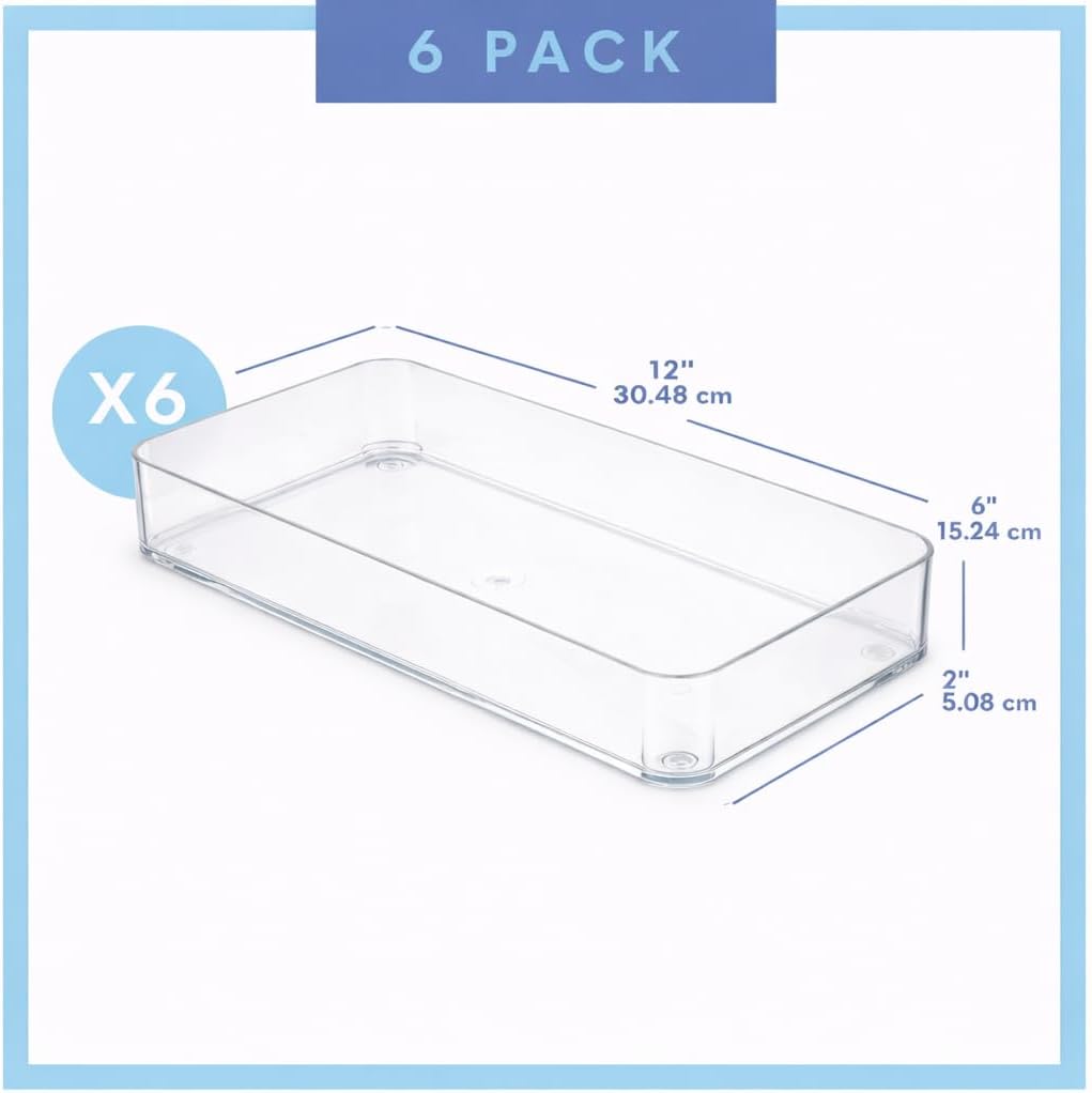 Six Pcs. Plastic Clear Drawer Organizers. Stackable Storage Trays for Kitchen Utensils and Silverware. 2 Sizes. Stackable