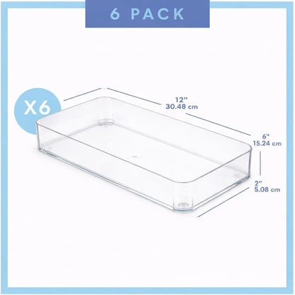 Six Pcs. Plastic Clear Drawer Organizers. Stackable Storage Trays for Kitchen Utensils and Silverware. 2 Sizes. Stackable
