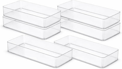 Six Pcs. Plastic Clear Drawer Organizers. Stackable Storage Trays for Kitchen Utensils and Silverware. 2 Sizes. Stackable