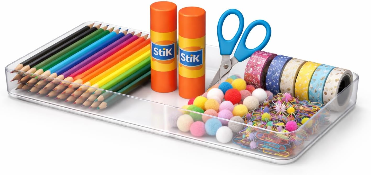 Six Pcs. Plastic Clear Drawer Organizers. Stackable Storage Trays for Kitchen Utensils and Silverware. 2 Sizes. Stackable