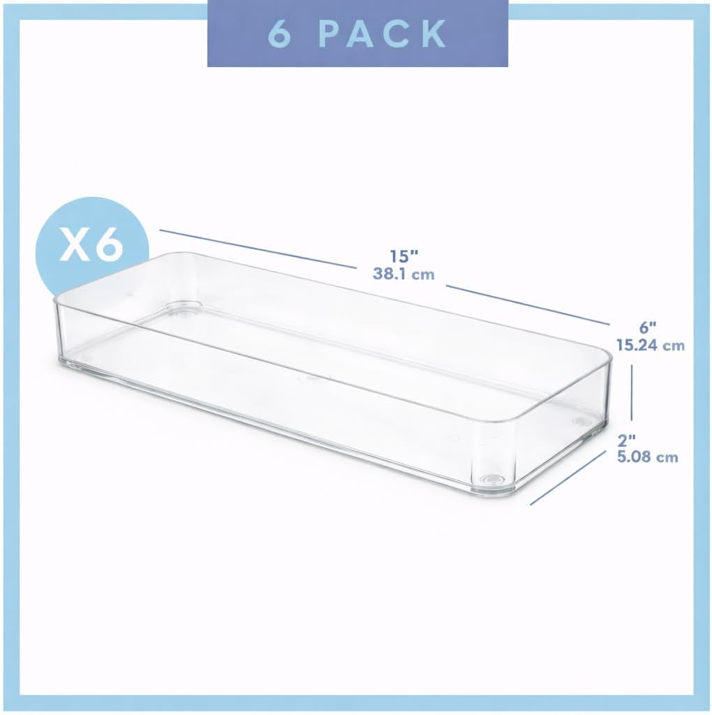 Six Pcs. Plastic Clear Drawer Organizers. Stackable Storage Trays for Kitchen Utensils and Silverware. 2 Sizes. Stackable
