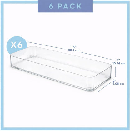 Six Pcs. Plastic Clear Drawer Organizers. Stackable Storage Trays for Kitchen Utensils and Silverware. 2 Sizes. Stackable