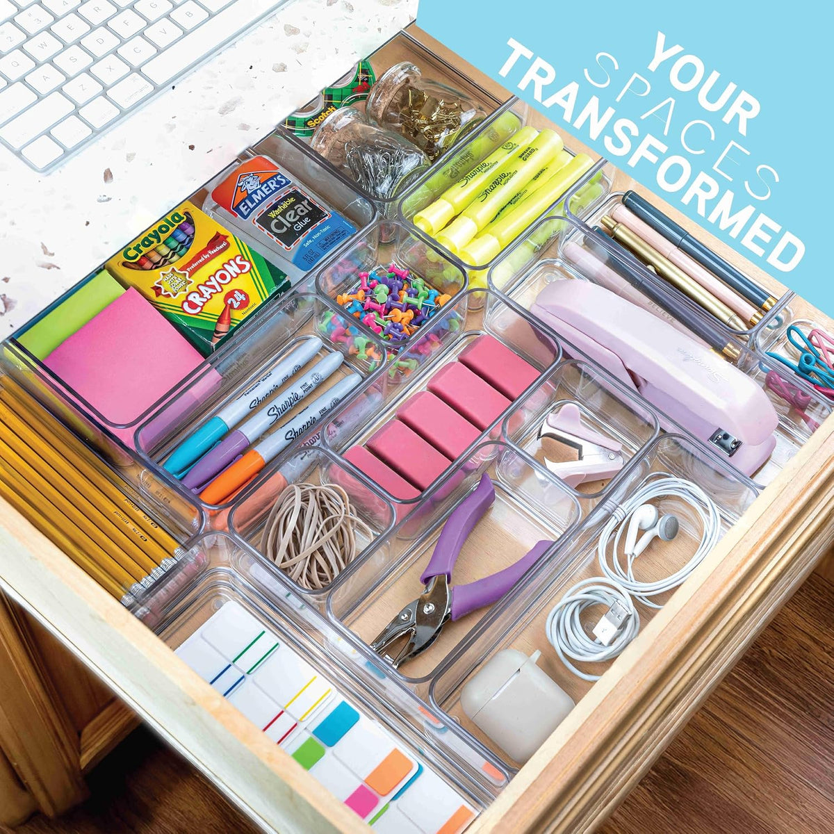 Six Pcs. Plastic Clear Drawer Organizers. Stackable Storage Trays for Kitchen Utensils and Silverware. 2 Sizes. Stackable