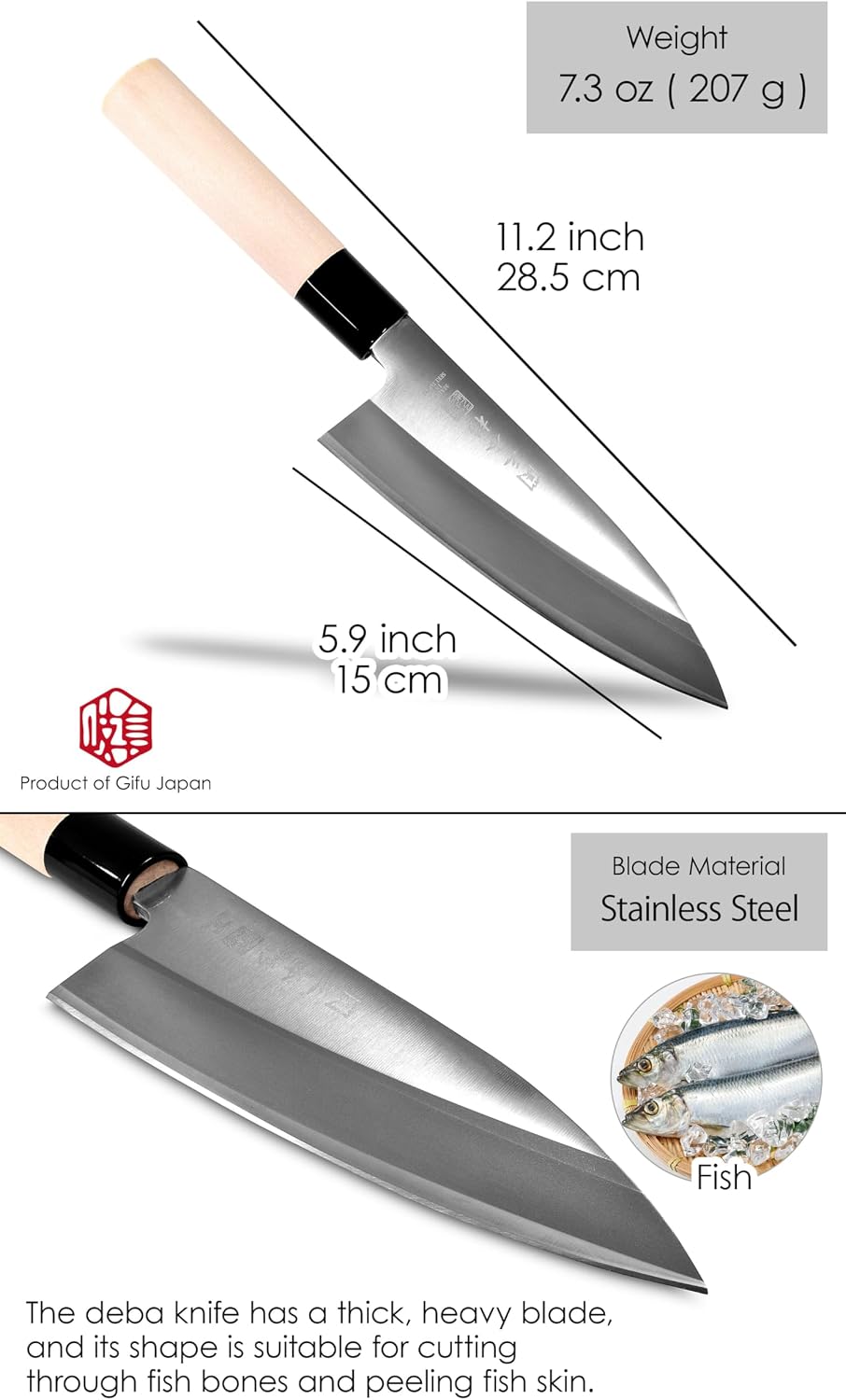 Deba Knife Sushi Sashimi Knife 420J2 Stainless Steel 5.9" Seki SANBONSUGI
