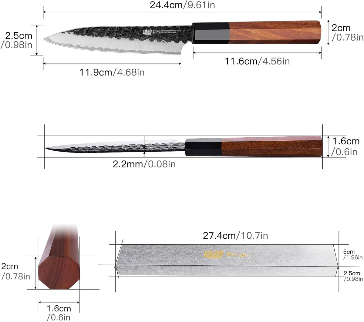 Japanese Kiritsuke Knife, 9 Inch Gyuto Chef Knife, Kitchen Knife with High Carbon Steel Blade, Octagonal Handle, for Meat, Fish, Vegetables and Fruits, Dynasty Series