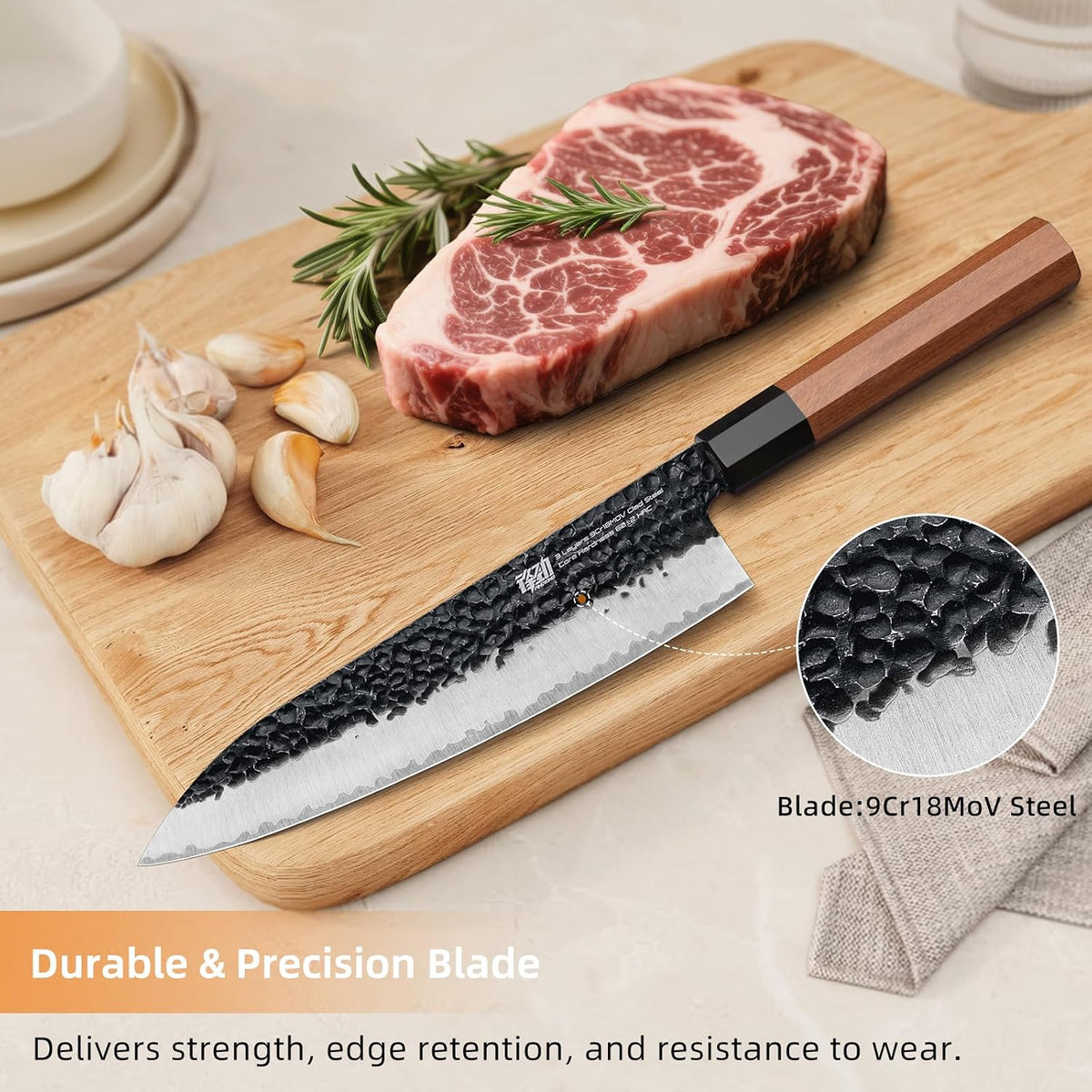Japanese Kiritsuke Knife, 9 Inch Gyuto Chef Knife, Kitchen Knife with High Carbon Steel Blade, Octagonal Handle, for Meat, Fish, Vegetables and Fruits, Dynasty Series