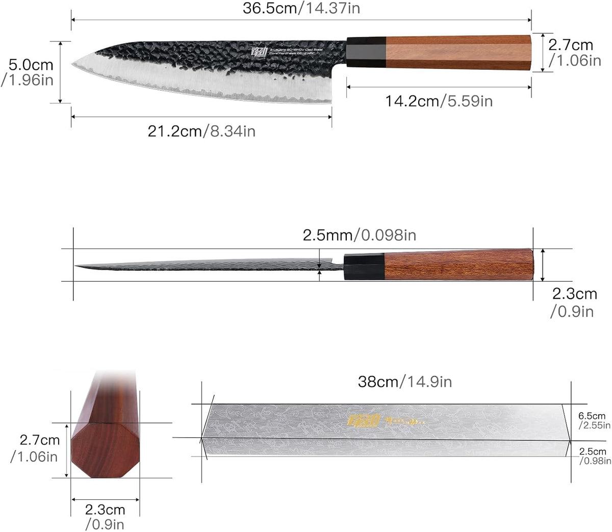 Japanese Kiritsuke Knife, 9 Inch Gyuto Chef Knife, Kitchen Knife with High Carbon Steel Blade, Octagonal Handle, for Meat, Fish, Vegetables and Fruits, Dynasty Series